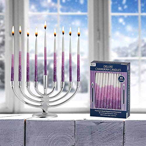 Deluxe Chanukah Candles Set Of 45 Premium Hand Made Decorative Purple Elegance Hanukkah Candles For Menorah, Includes Diy Dreidel, Prayer Card By Zion Judaica #TOP2