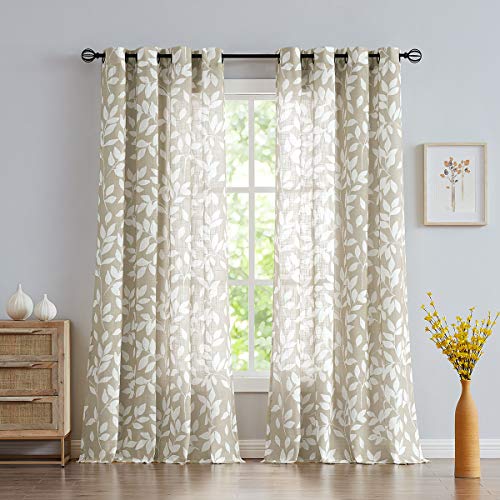 Image of Treatmentex Print Semi Sheer Curtains for Living Room 95-inch Long White Leaf Curtains for Windows 52 inch Width x 2 Panels, Taupe, Grommet Top