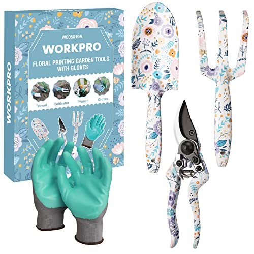 WORKPRO Aluminum Garden Tool Set, 4PCS Heavy Duty Hand Garden Tools with Box Include Trowel, Rake, Pruner, Garden Gloves, Garden Gifts