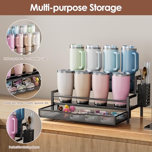 Image of Water Bottle Organizer for Full 40 oz Stanley with Handle, Black | 2 Tier Stanley Cup Organizer, 8 Bottles Capacity, Rustic Countertop Display Shelf, For Coffee Bar, Cabinet, Countertop