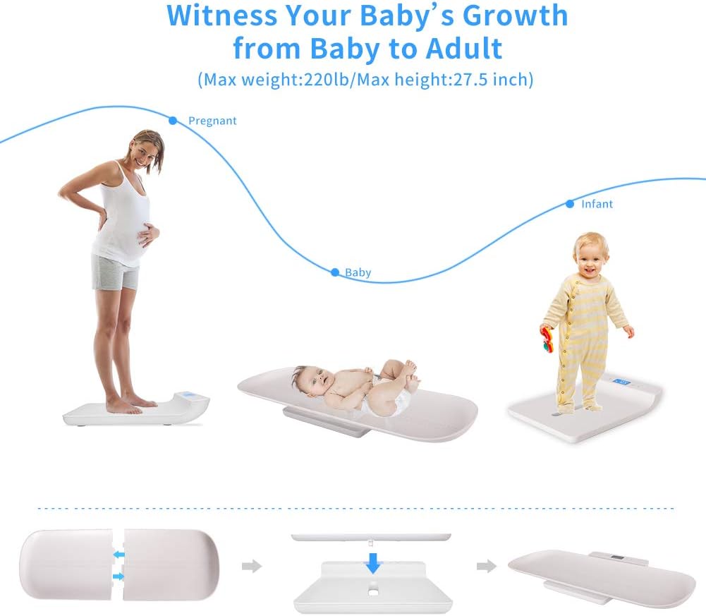 KAZETEC Baby Scale, Pet Scale, Multi-Function Digital Scale Measure Toddler/Adult/Puppy/Cat/Dog Weight(Max:220LBS) and Height(Max:70CM) Accurately, Precision at ± 10g, KG/LB/OZ, Blue Backlight