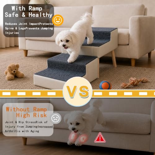 Image of 16 inch H Dog Stairs for Small Dogs, Foldable 2-in-1 Pet Steps & Ottoman, Non-Slip Dog Stairs for Couch, Wooden Pet Stairs Ramp for Puppy Senior Injured Dogs Grey