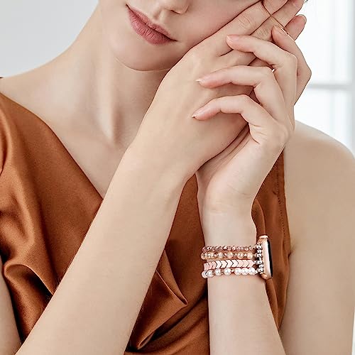 Image of MOFREE Beaded Bracelet Compatible for Apple Watch Band 38mm 40mm 41mm 42mm 44mm 45mm Women,Fashion Handmade Elastic Stretch Strap for iWatch Series SE 8 7 6 5 4 3 2 1