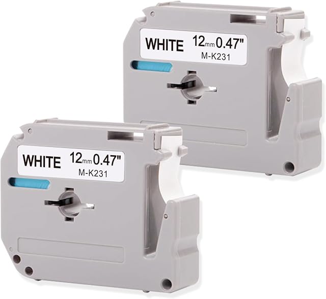 M-K231 MK231 Remplacer pour frère P-Touch ruban d'étiquette M ruban 12mm 0.47 Ench. M-k231s Ptouch 12 mm Ruban pour PTM95, PT70, PT80, PT-90, Bande noire sur étiquette blanche, 1/2 pouce, paquet de 2