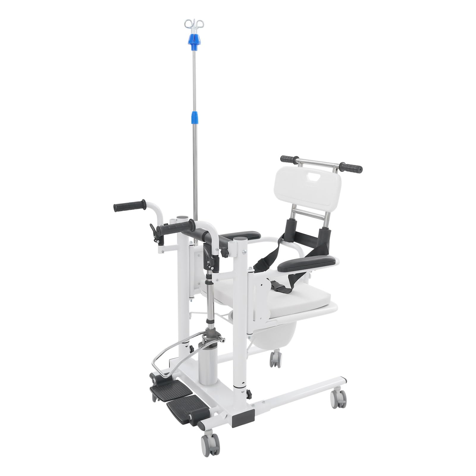 Silla de transporte para pacientes, silla de inodoro portátil con altura ajustable, orinilla, soporte para infusión, silla de transferencia de elevación para enfermos, ancianos, discapacitados
