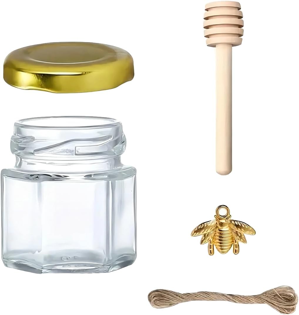 20PCS Hexagon Glass Honey Jars, 1.5 Oz Small Honey Jars with Wood Dipper Bee Pendants Jutes for Wedding Party Favors Jams