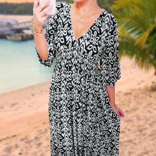 Casual Print V-Neck Long Dress, 2024 Boho Dress Plus Size Summer Floral Dress, 3/4 Sleeve Flowy Dresses for Women - Image 8