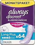 Always Discreet Inkontinenzeinlagen Long Plus, 64 Binden (4 x 16 Stück) Monatspaket, diskreter Schutz & hohe Saugstärke, geruchsneutralisierend (Verpackung kann variieren)