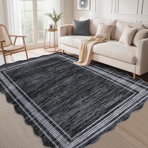 GarveeHome Scalloped 5x7 Rugs Washable Area Rugs for Living Room, Modern Bordered Solid Rug for Bedroom, Abstract Scalloped Non-Slip Stain Resistant Carpet for Dining Room Home Office Dorm,Black