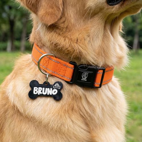 Image of PAWPRO HANDMADE Nylon Reflective Dog Collar With Customizable Bone-Shaped Tag Adjustable For Safety And Comfort, Fits 35-50 Cm Neck Black (Orange, Medium)