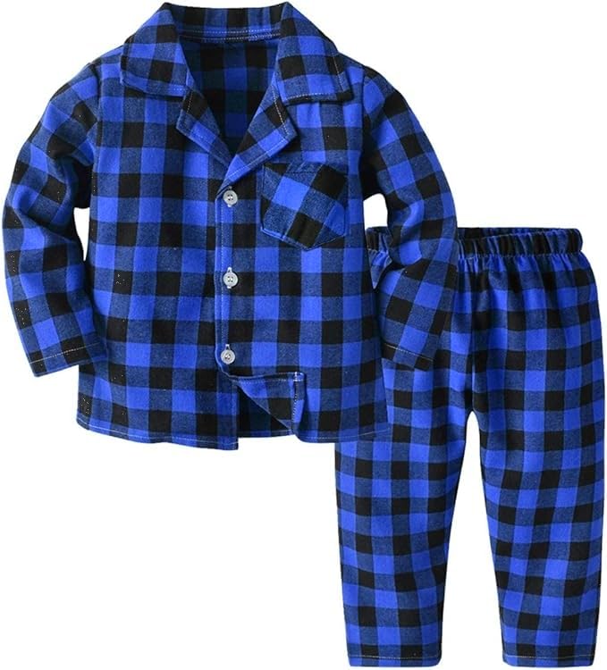 QZH.DUAO Family Plaid Pajamas For Mens, Family Adult 2-Piece Button Down Flannel Christmas Pjs Sleepwear, Black Blue, US XXL2