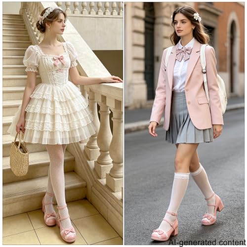 Image of MEOTINA Cute Bow Heels Mary Janes Shoes Women Dress Platform Strappy High Heels Kawaii Shoes