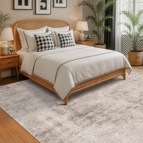 Image of Farmhouse Area Rugs for Living Room, 8x10 Washable Abstract Rug for Bedroom, Dining Room Under Table and Home Office, Ultra-Soft Low Pile Design, Stain Resistant (Beige / Brown), Distressed Design