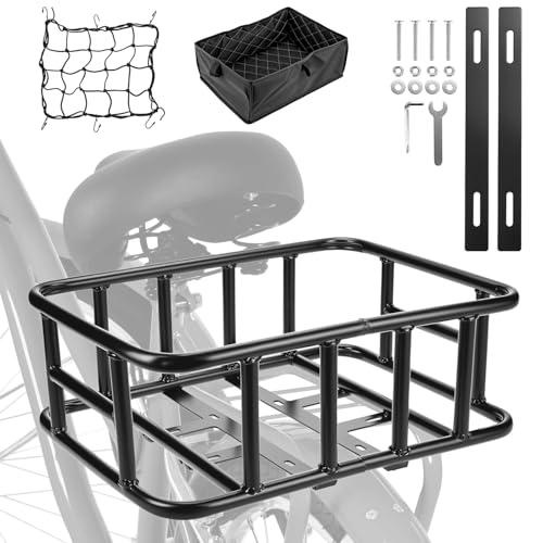 QWORK® Cesto Bicicleta Trasero, Gran cesto Metal con Red de Carga y Forro, para la mayoría de Bicicletas y Bicicletas eléctricas