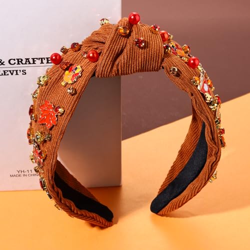 mokkia Thanksgiving Headband Fall Accessories for Women Beaded Turkey Maple Leaf Pumpkin Knotted Headbands Jeweled Rhinestone Pearl Top Knot Headband Autumn Fall Outfit Gifts - Image 5