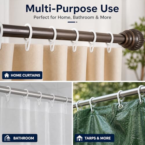 Image of Curtain Rings with Hooks for Windows, Door & Bathroom Curtains - Heavy Duty Plastic, Rustproof, Smooth Sliding - 1.25 Inch, Pack of 100