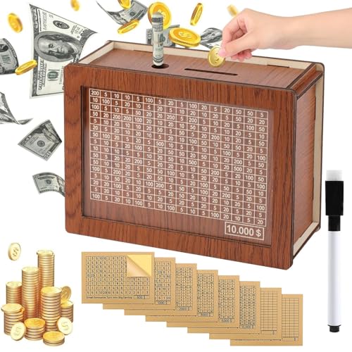 Money Saving Box 10000 Savings Challenge Box for Kids Adults Wooden Digital Cash Vault Bank Cash Box with Money Target and Numbers(8 Amount Cards 1 Dry Erase Pen)