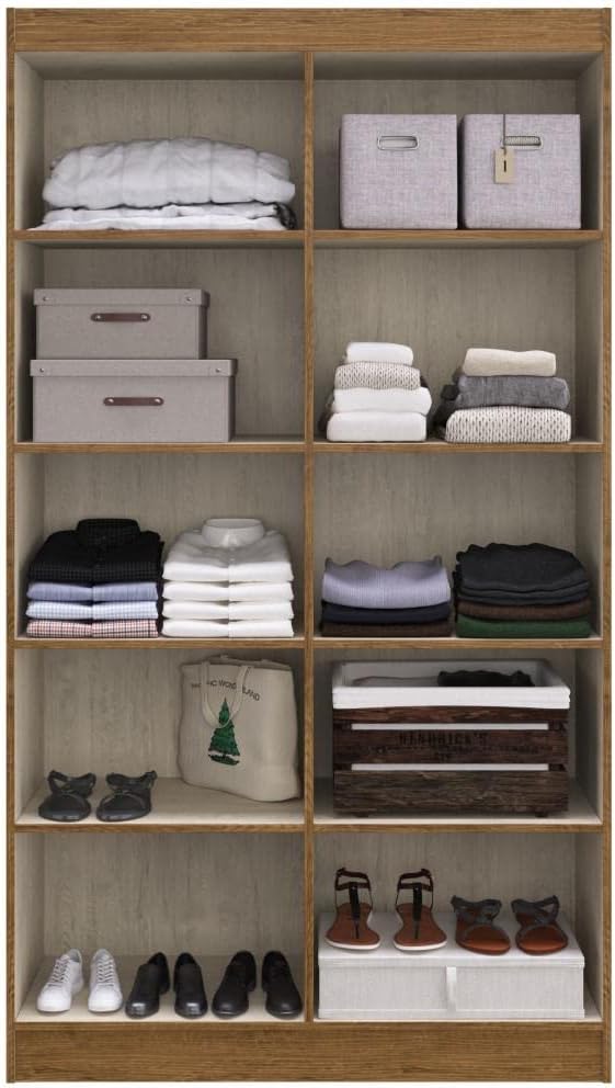 Internal view of the Dueto 5000 cabinet with various items neatly stored on its eight shelves, including folded clothes, boxes, and shoes.
