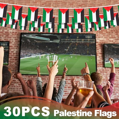 Image of Palestine String Flag Pennant Banner, Small Mini Palestinian Flags Bunting Banner, National Country Decoration for School, Party, Sports Events, Patriotic Festival, 33 Feet 30 Flags