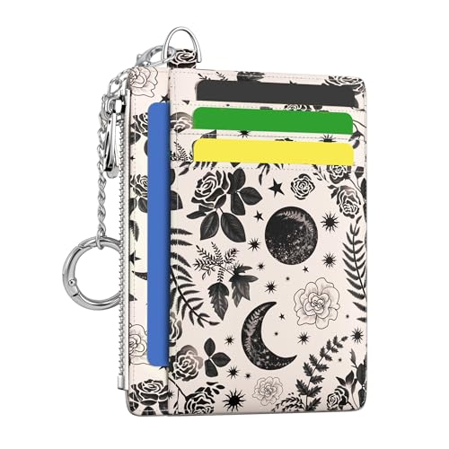 Image of Hancynir Goth Floral Moon Small Wallet Women Credit Card Holder, Gothic Flower Slim RFID Blocking Keychain Card Wallets, Cute Mini Front Pocket PU Leather Thin Travel Zipper Coin Cash Wallet Gifts