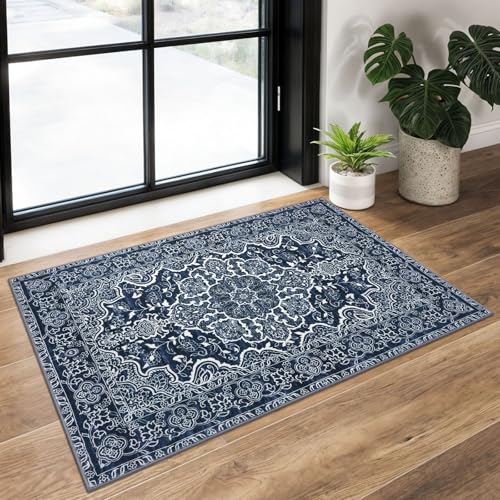 KUTA Vintage Small Area Rug 2x3 Navy Blue Washable Entryway Rugs Non-Slip Ultra Soft Modern Floral Doormat Printed Retro Distressed Carpet Accent Farmhouse Kitchen Throw