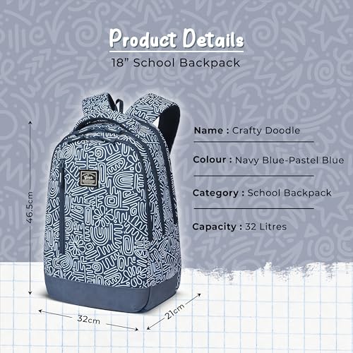 Image of Gear Crafty Doodle 18 inch /32L Large Water Resistant School Bag | Casual Backpack | Daypack | Travel Backpack | Kids Bag for Boys /Girls (Navy Blue - Pastel Blue)