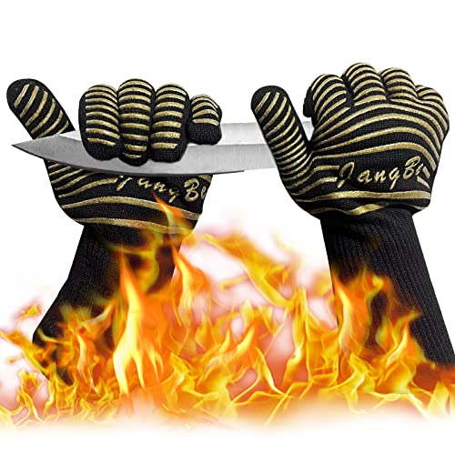 JangBe BBQ Gloves, 1472 Degree F Heat Resistant Grilling Gloves with Fingers Mitts with Gold Non-Slip Oven for Barbecue, Baking, Cooking(1 Pair)