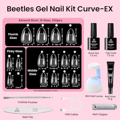 Gelab cosmetics LLC Beetles Gel Nail Kit Curve-EX, Almond Short, 320pcs 16 Sizes Nail tips, with 15g Nail Glue Gel Hands-Free, 7.5ml Base Gel & Top Coat, Mini Lamp, for Acrylic Press On Nail, Extension DIY Set at Home