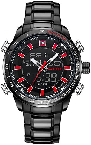 Men's Sport Stainless Steel Fashion Analogue Digital Quartz Watch with Alarm, Date (Black/Red)