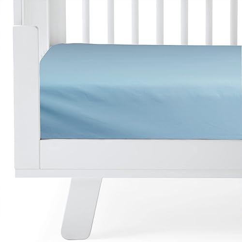 Miniatura 2 de Sábana bajera ajustable para cuna de popelín de algodón estándar para cuna, funda de colchón de 28 x 52 pulgadas, color azul sólido, sábana de