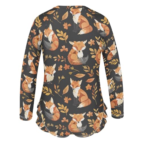 ALAZA Fox Flower Leaf Watercolor Girls One Piece Swimsuit Long Sleeve Rash Guard Swimsuits UV 50+ Swimwear Zipper3