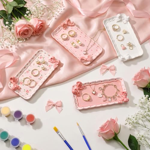Image of Zubebe 6 Set Ceramics to Paint Rectangle Bow Jewelry Tray Kit Ready to Paint Ceramics Ring Dish Holder DIY Unpainted Plate Trinket Dish Tray Crafts with Brush Palette for Mothers Day Valentine Wedding