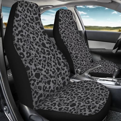Brosoneto Grey Black Leopard Print Seat Covers for Cars, 2 Pcs Set Women Front Car Seat Cover Universal Fit Vehicle Seat Protector, Breathable Car Accessories Fit Most Cars