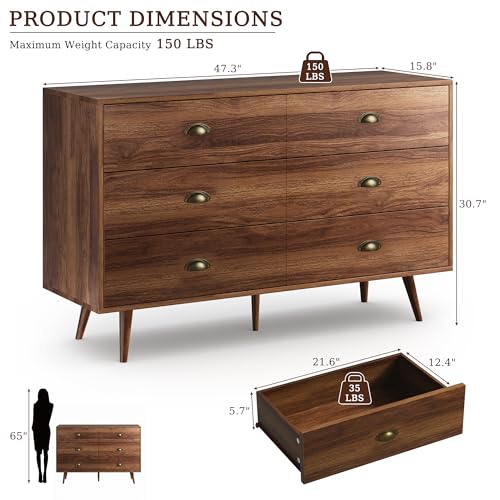 Image of Walnut 6 Drawer Dresser for Bedroom, 47 inch Wood Dresser with Gold Handles.