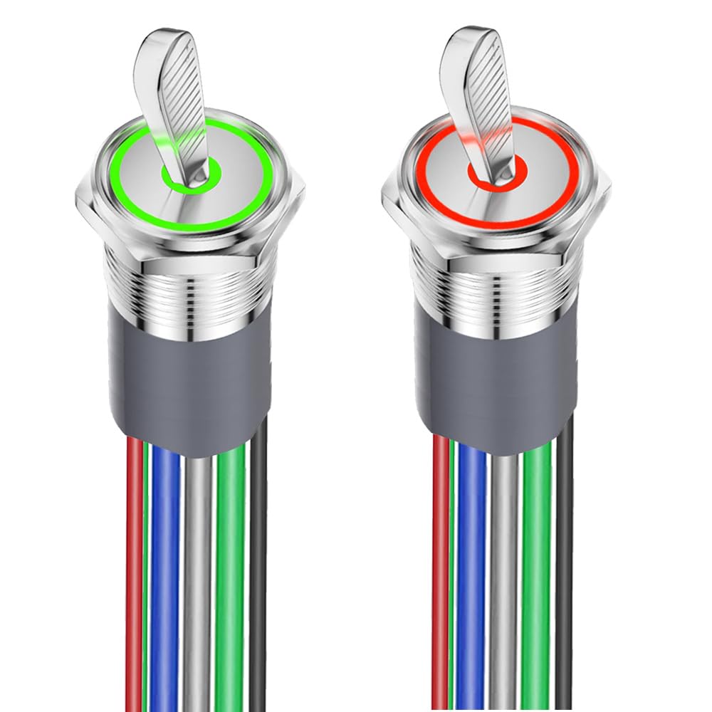 Gebildet 2PCS Illuminated Lever Switch 1NO 1NC 12-24V/15A Waterproof Red/Green LED Marine Lever Switch 16MM Heavy Duty Metal Rocker Switch Illuminated for Automotive Car