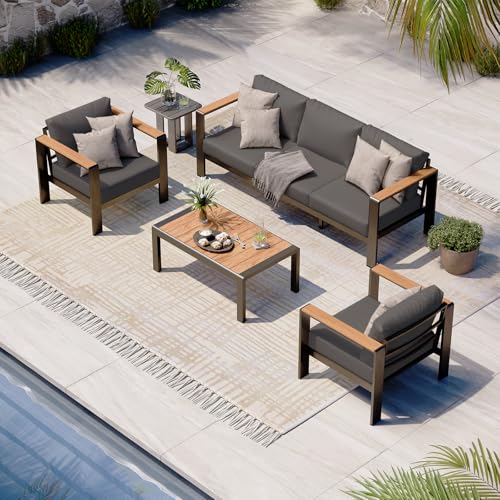 Oasbira Aluminum Outdoor Patio Furniture Set with Coffee Table, 4 Piece Patio Conversation Sets with Washable Thick Cushions, Patio Sectional Furniture Set for Porch, Balcony, Deck, Graphite