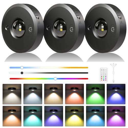 Rechargeable Puck Lights with Remote, 3 Color Temps & 9 RGB, Dimmable, Timer - 1000mAh Battery Operated Puck Lights - Magnetic Stick on Light - 3 Pack Under Counter Lights for Kitchen, Size: 2.56 Inch