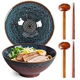 Tacuhy 40oz Japanese Ceramic Ramen Bowl Set of 2 with Chopsticks and Spoons for Pho Udon Asian Soup Noodles (Peacock Tail)