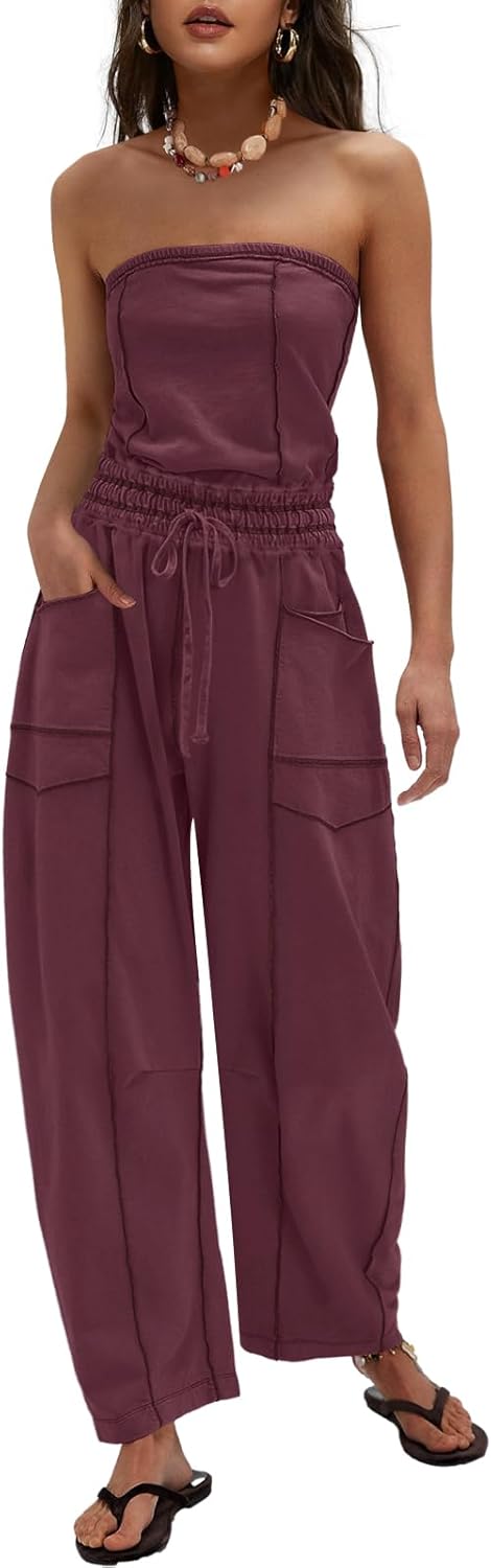 LAMISSCHE Womens Casual Strapless Jumpsuits off the Shoulder Summer Rompers Sleeveless One Piece Outfits with Pockets
