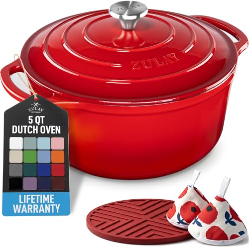 Image of Zulay Kitchen 5 Quart Enameled Cast Iron Dutch Oven Pot with Lid - Premium Durability & Oven Safe up to 500F - Heavy Duty Cookware Perfect for Bread Baking, Stews, Braising & Roasting - Ablaze Red