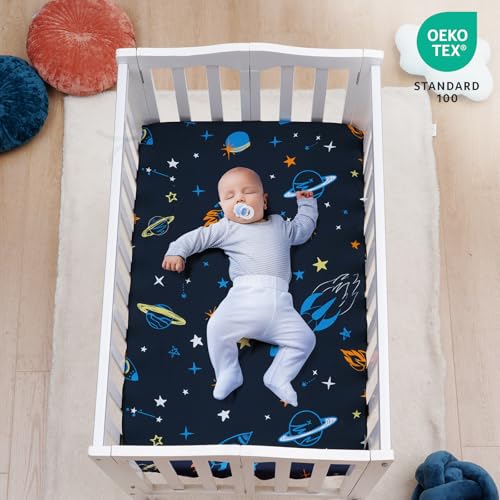 Image of david's kids 3 Pack Mini Crib Sheets, Soft Breathable Premium Pack N Play Sheets for Baby Boys Girls Neutral, Playard and Mini Crib Mattresses, Space