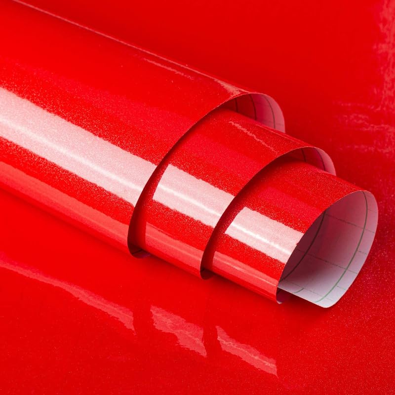 Image of HOME13 Red Glossy Self-Adhesive Wallpaper Removable and Decorative Vinyl Wallpaper for Kitchen Countertop Cabinets Table 2 Ft by 6 Ft,Pack of 2