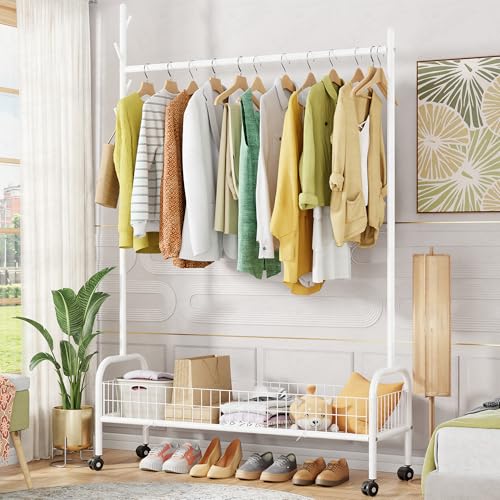 Image of Lukzer | MGR-003 | White | Metal Garment Rack with Wheels, Bottom Shelf & Single Rod - Cloth Organizer for Hanging Kurtas, Jackets, Bags in Bedroom, Office, Hostel & More | 173 x 110 x 35 cm