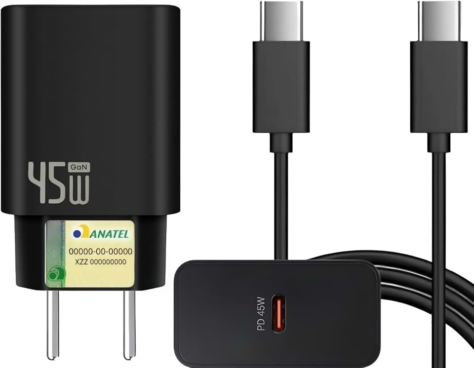 Carregador Turbo 45W + Cabo USB-C de 1m - Carregamento Rápido e Eficiente para iOS, Android, Tablets e Todos os Dispositivos com USB Tipo-C - Tecnologia GaN, Segurança Garantida