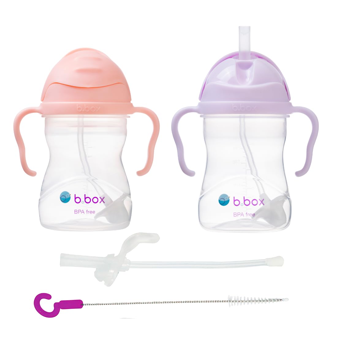 b.box Strohhalmbecher 2er-Set mit Ersatzstrohhalm und Reinigungsbürste | auslaufsicherer, BPA-freier Trinklernbecher | spülmaschinenfest | für Babys und Kleinkinder ab 6 Monaten | 240 ml | Rosa/Lila