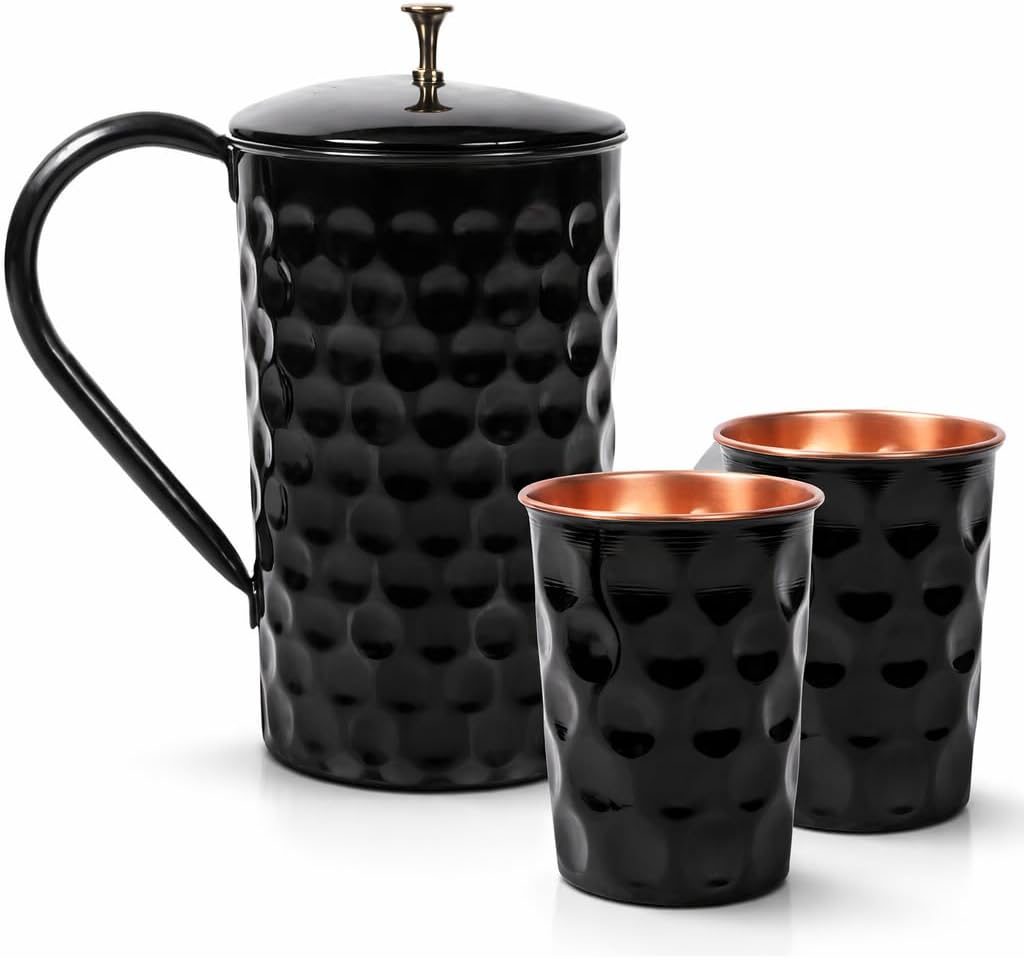 Black Moscow Mule Copper Mugs Set of 3 (1 Jug + 2 Mugs) - 16oz, Hammered Diamond Pure Copper Handmade Moscow Mule Mug Gift item