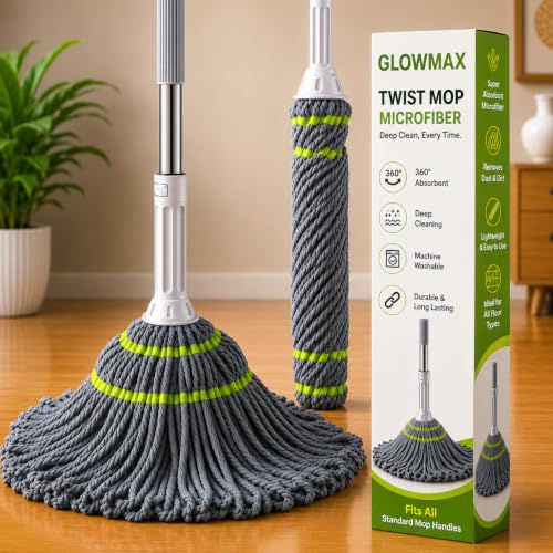 Image of Premium Microfiber Floor Cleaning Mop | 360 Spin Twist Mop with Adjustable Handle | Super Absorbent Cotton Head for Wet & Dry Cleaning | Reusable & Easy to Wash