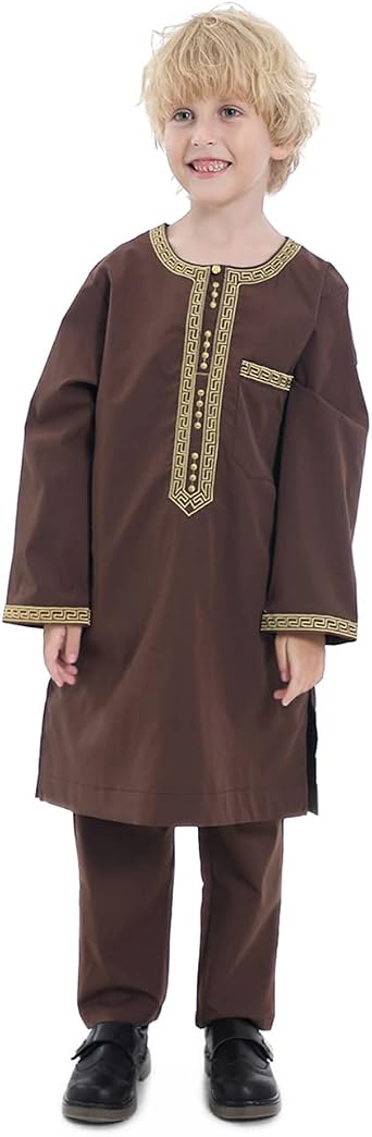 Boy's Muslim Clothing Kaftan Set - Middle East Youth Embroidered Robe Suit Round Neck Islamic Dress Arabic Wear