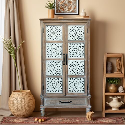 Image of French Country Side Cabinet - Vintage 2 Door Wood Cabinet with Storage, Accent Furniture for Living Room, Kitchen & Entryway, Tall Cabinet Storage (55.11 inch H)
