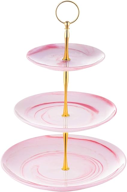 YOLIFE Porcelain 3 Tier Cake Stand, Pink Marbled Ceramic Afternoon Tea Cupcake Stand for Party and Wedding, Food Display Rack